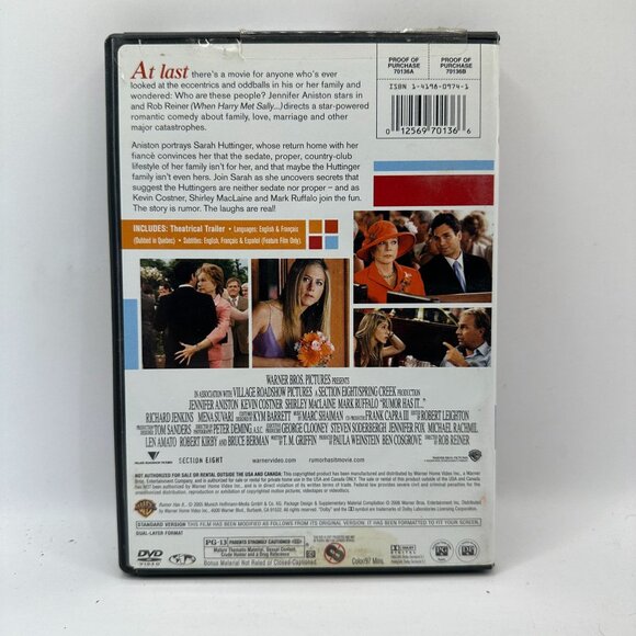 Rumor Has It DVD Full-Screen Edition Starring Jennifer Aniston Rated PG-13 - Picture 2 of 3